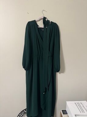 connected apparel Dark Green Long Sleeve Midi Dress with Neck Tie